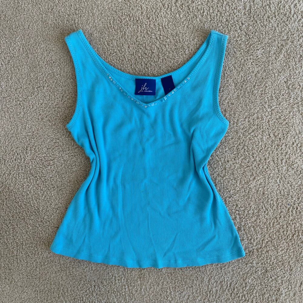 Y2K Aqua Ribbed Cotton Tank w/ Rhinestone Trim - Size M